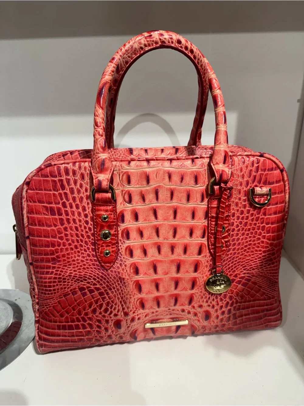 Brahmin Marissa Red Croc-Embossed Satchel with Gold Accents
